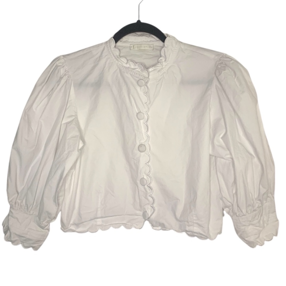 Vita Grace 100% Cotton Button Front Cropped Scalloped Edge Blouse Top